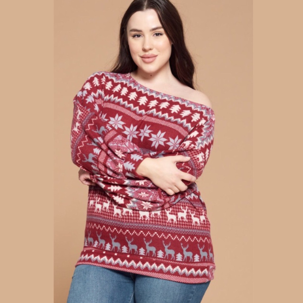 Plus Holiday Print Off Shoulder/Boat Neck Top - NWT